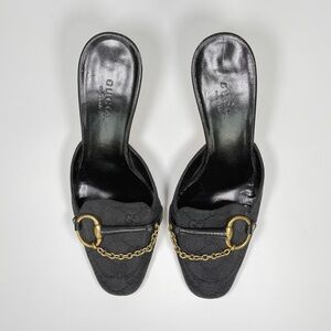 Vintage Gucci Monogram Horsebit Mule Heels in Black, Size 5b